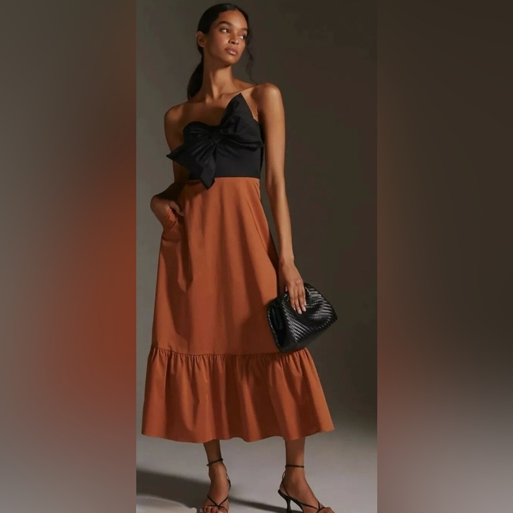 Hutch Strapless Bow Top Midi Dress Brown Black Size 2 Petite Like New